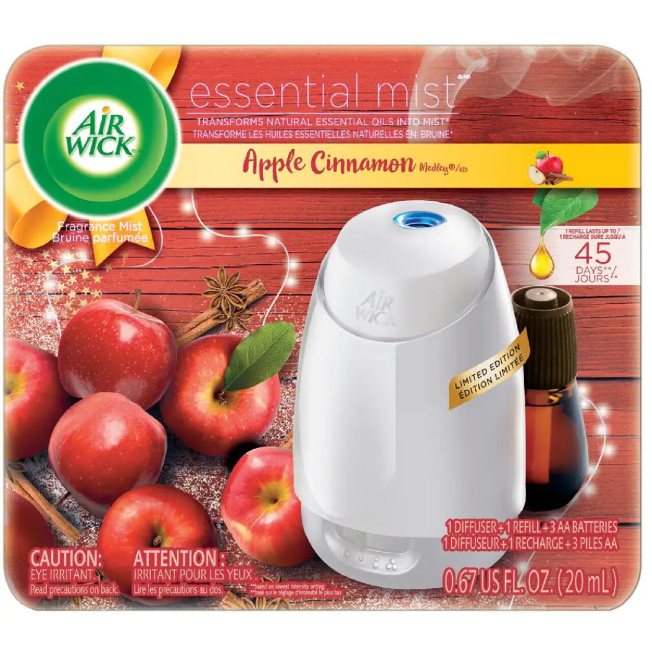 Air Wick Essential Oils Diffuser Mist Refill, Apple Cinnamon Medley, 1ct, Air Freshener (New Version)